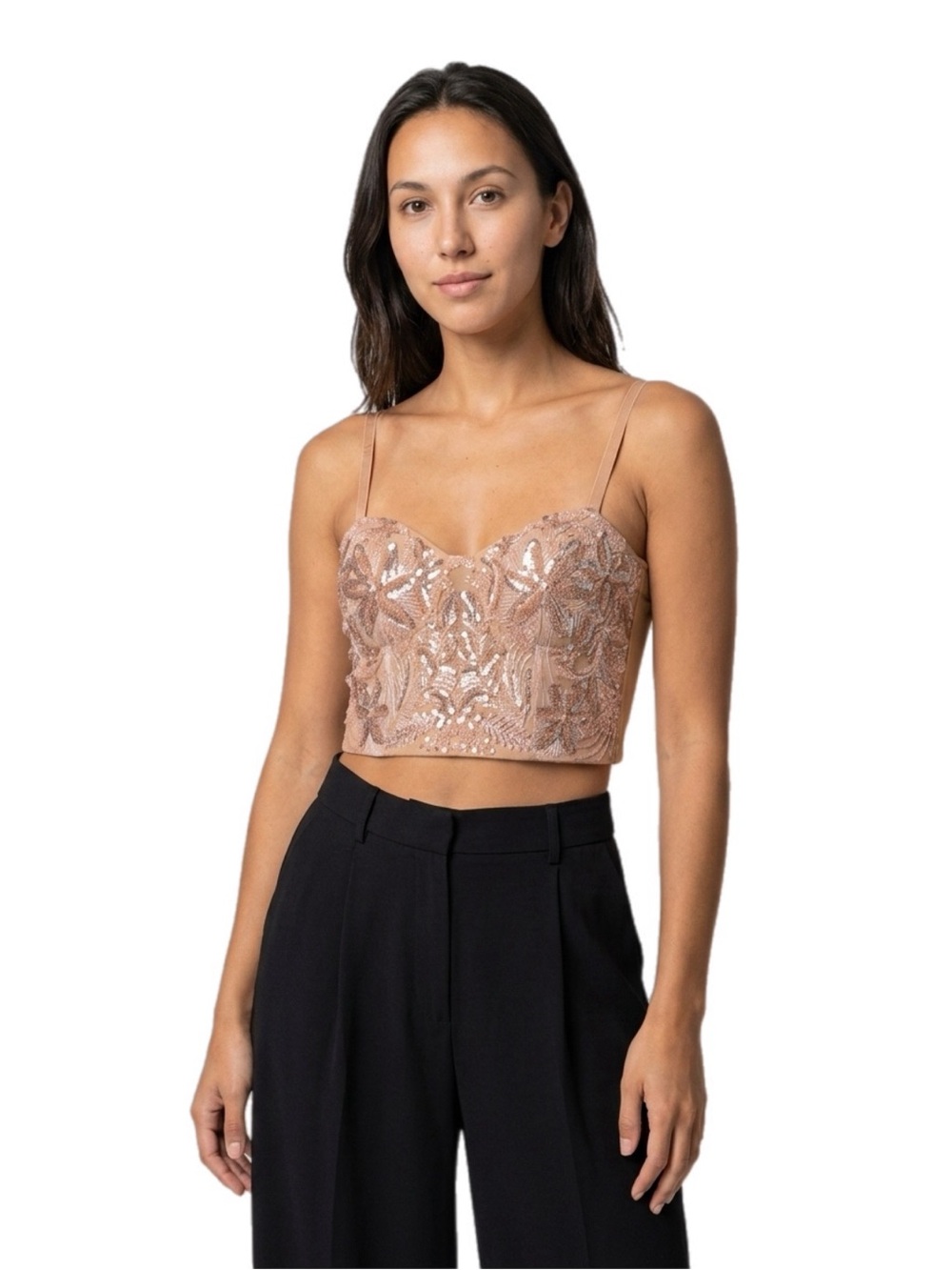 Tan Corset Sequin Bustier‎ Crop-Top Large Embroidery